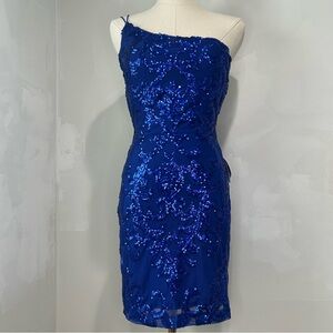 One Shoulder Blue Sequin Dress, Size Small